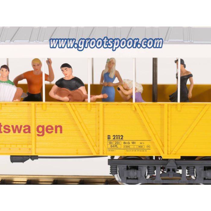 LGB 33353 Off.Güterwagen m.Band RhB, Metallrader (2x norm. + 2x Kugellager), Stromabnahme, Innenbeleuchtung, 11 Figuren, DIGITAAL MFX SOUNDMetallrader