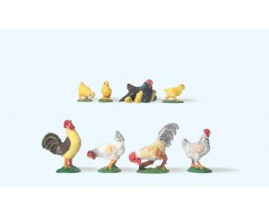 Preiser 47070 2 Hahne. 2 Huhner. Gluckhenne, 3 Kuken 1:25