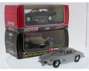 Schaal 1:24 Bburago en Majorette set van 3 Mercedessen SSK, 300 SL Güllwing en 300 SL #9647