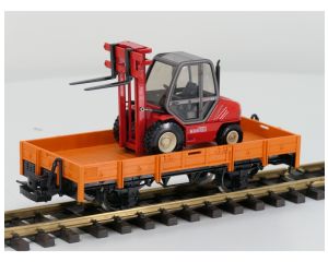 LGB 4010 Orange Niederbordwagen mit Metallrader und Joal Manitou Gabelstapler