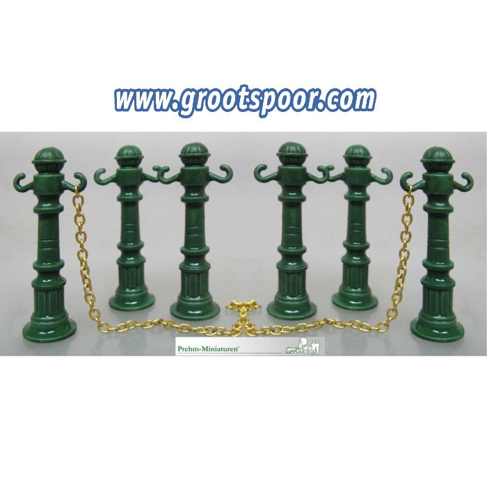 Prehm-Miniaturen 500221 Absperrpfosten 6 Stk. mit Kette, Metall grün
