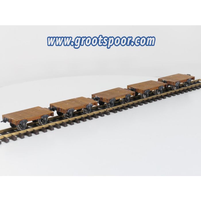 Wuhu Brand Arts & Crafts C0. LTD, 1:22,5 G scale Set 5x Wooden Flat bed cars, METAL WHEELS