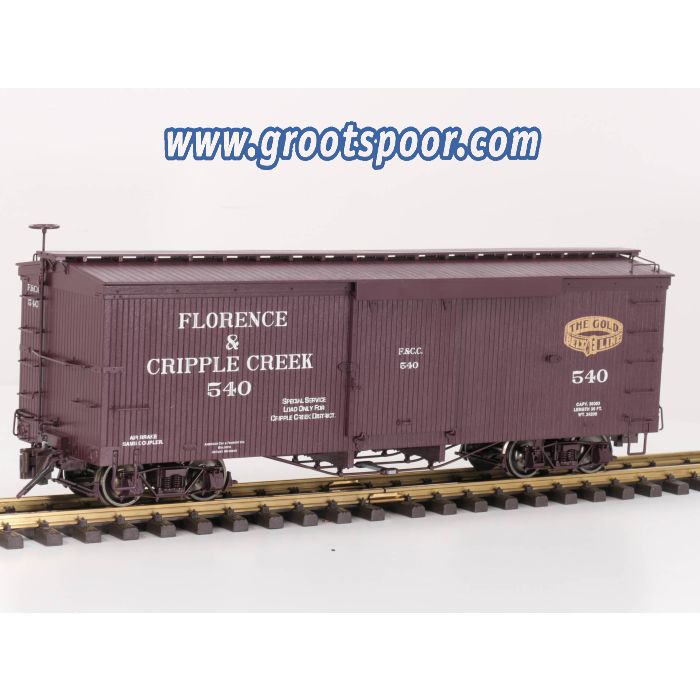 Bachmann 88097 Spectrum 1:20.3 Scale Florence & Cripple Creek Wood Box Car No.540, metallrader, Klauwkoppeling