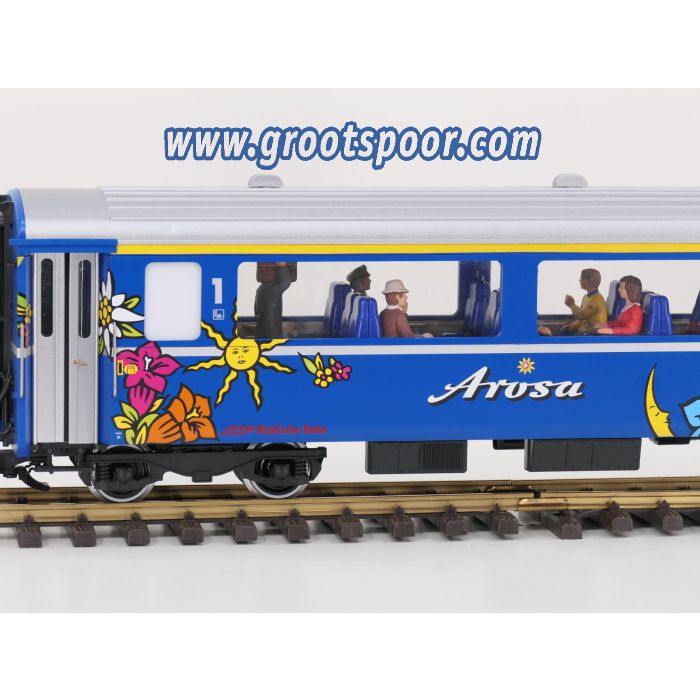 LGB 37675 RhB-Personenwagen Chur-Arosa As 1256, Metallrader,Stromabnahme, beleuchting, 11 Figuren